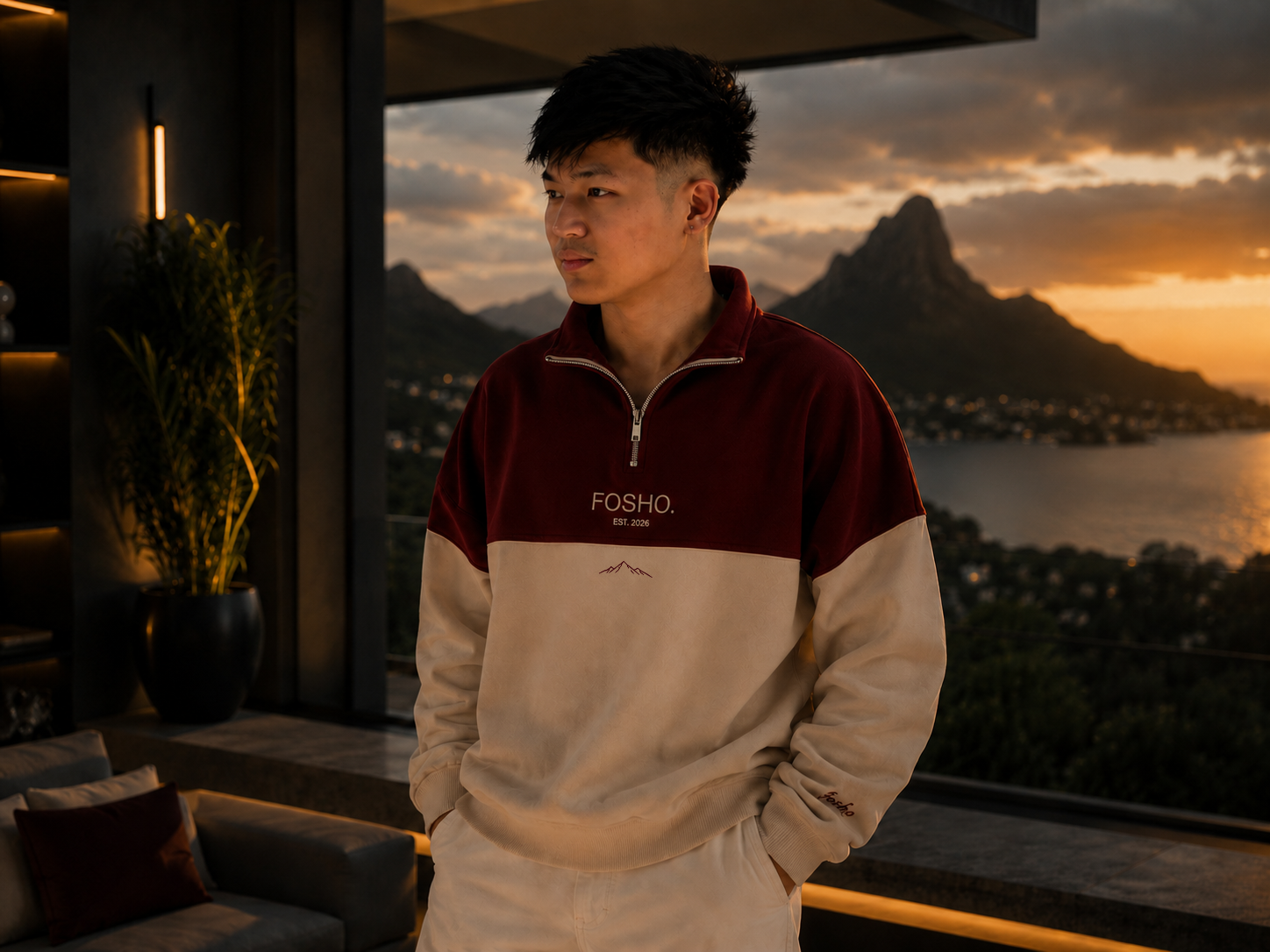 Model wearing the FOSHO. Signature Quarter-Zip in burgundy and beige at sunset